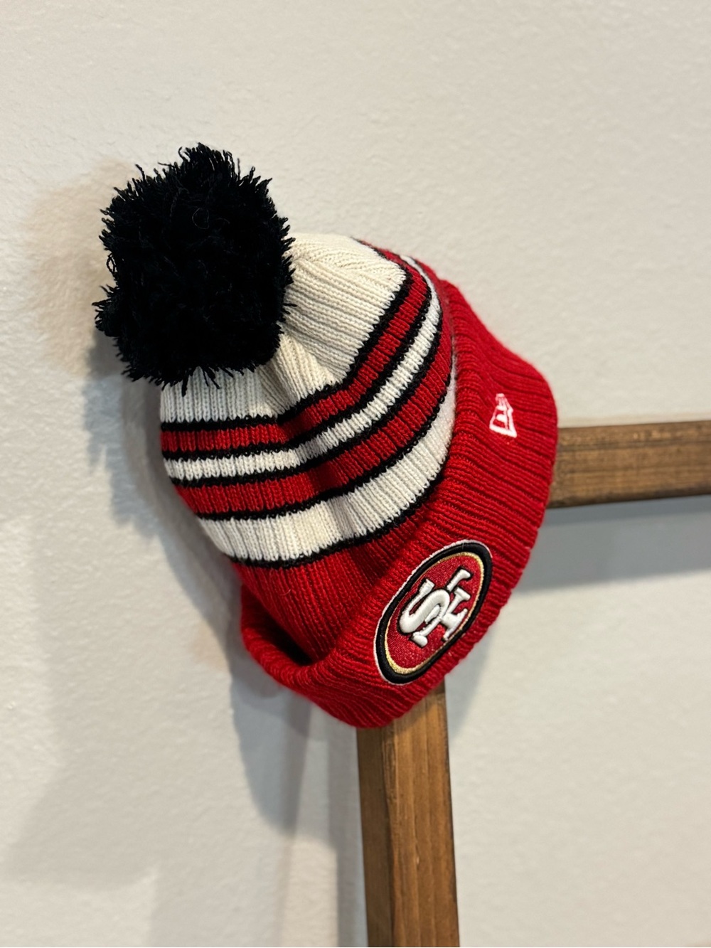 New Era Red White Black Striped Pom Knit Hat